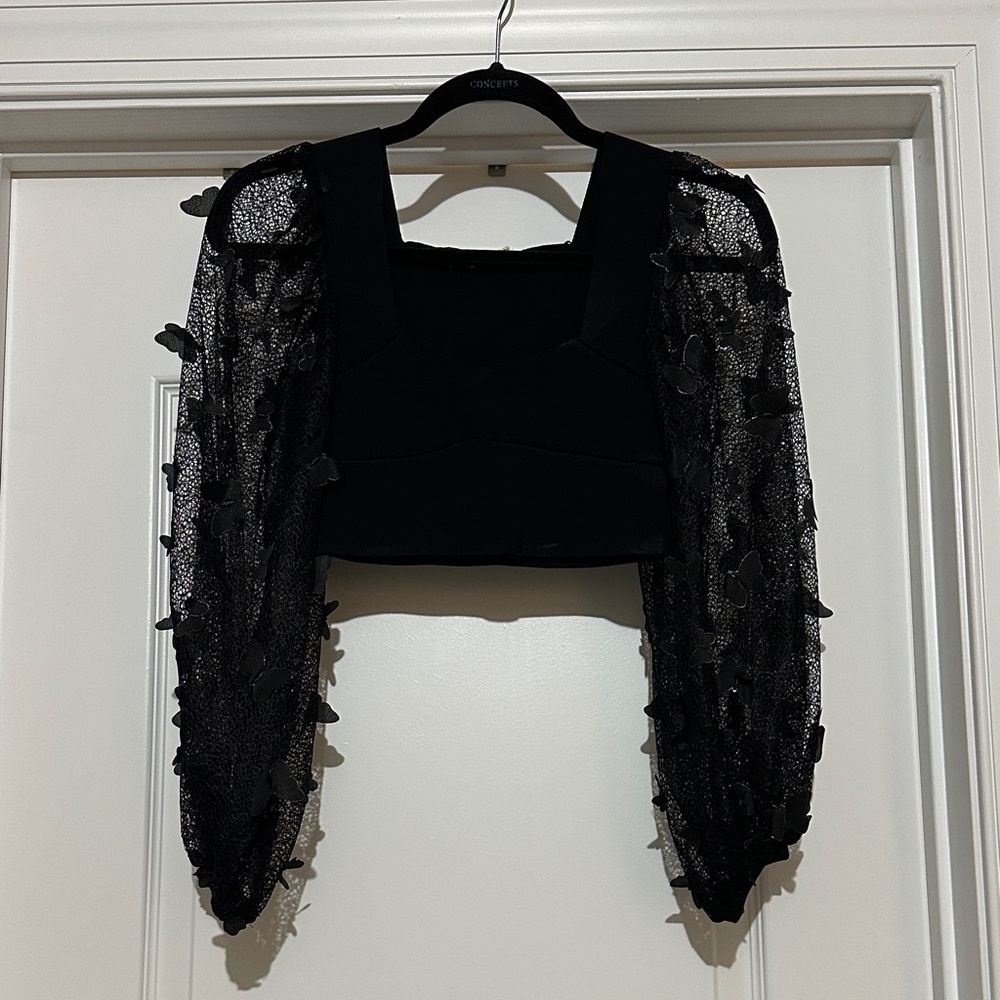 FREE PEOPLE Elegant Black Sheer Sleeve CROP Top